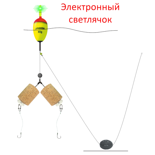 Монтаж на толстолобика №06-С: EVA-поплавок 80г с электронным светлячком, оснастка Λ-образная, 2 крючка Iseama №15, грузило свинцовое 40г