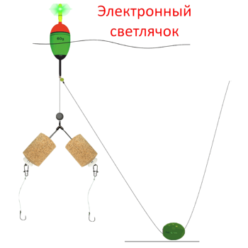 Монтаж на толстолобика №18-С: EVA-поплавок 60г с усиленным килем с электронным светлячком, оснастка Λ-образная для двух таблеток технопланктона, 2 крючка,  грузило 60г крашеное с латунной вставкой
