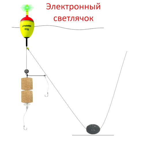 Монтаж на толстолобика №05-С: EVA-поплавок 80г с электронным светлячком, оснастка Г-образная для двух таблеток гидропланктона, 2 крючка Iseama №15, грузило свинцовое 40г