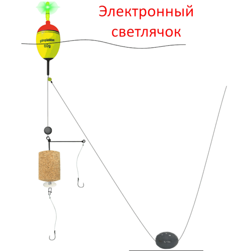 Монтаж на толстолобика №04-С: EVA-поплавок 60г с электронным светлячком, оснастка Г-образная, 2 крючка Iseama №15, грузило свинцовое 40г